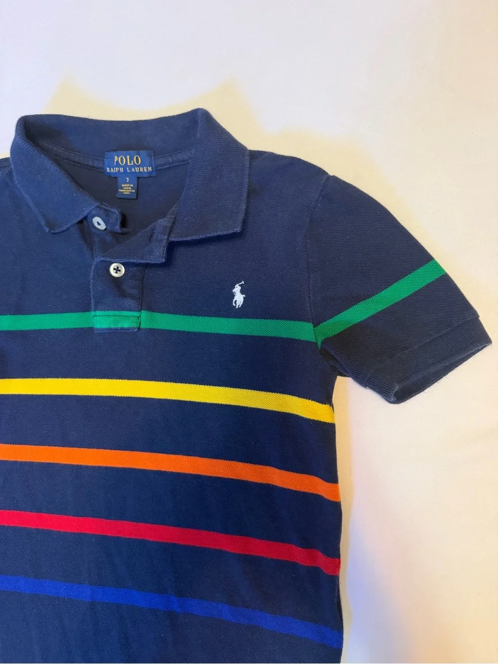 Ralph Lauren Navy Polo with Green, Yellow, Orange, Red & Blue Stripes